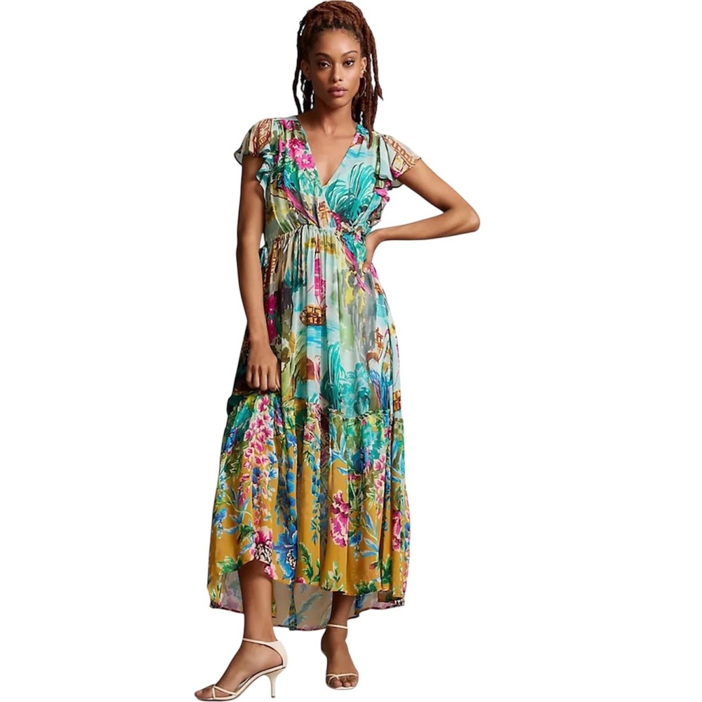 By Anthropologie XL V-Neck Flutter-Sleeve Tropical Sheer Dress Boho Resortwear